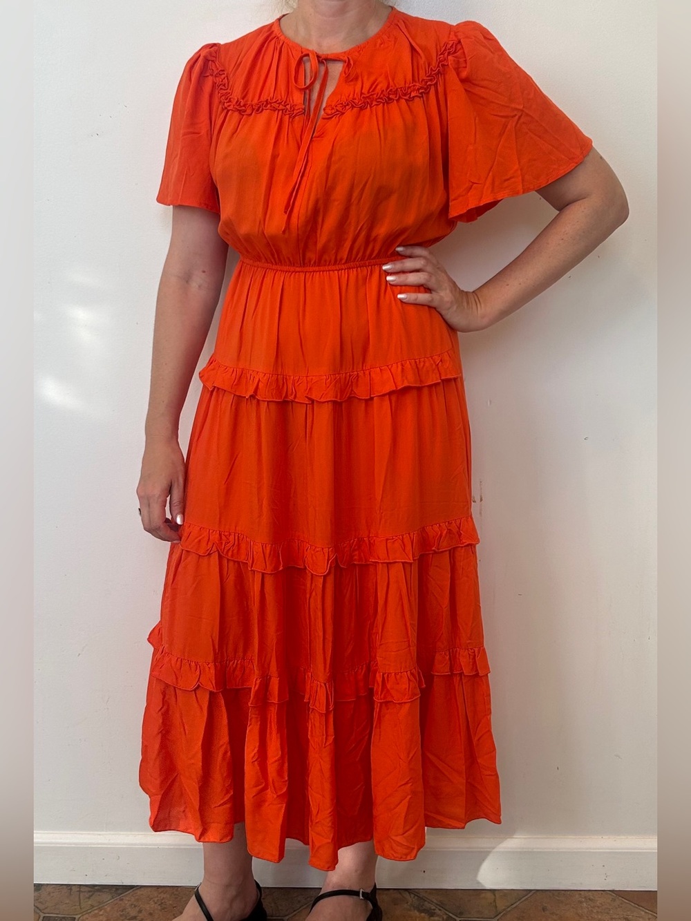 NWT - Tiered Ruffle Midi Dress in Bright Orange